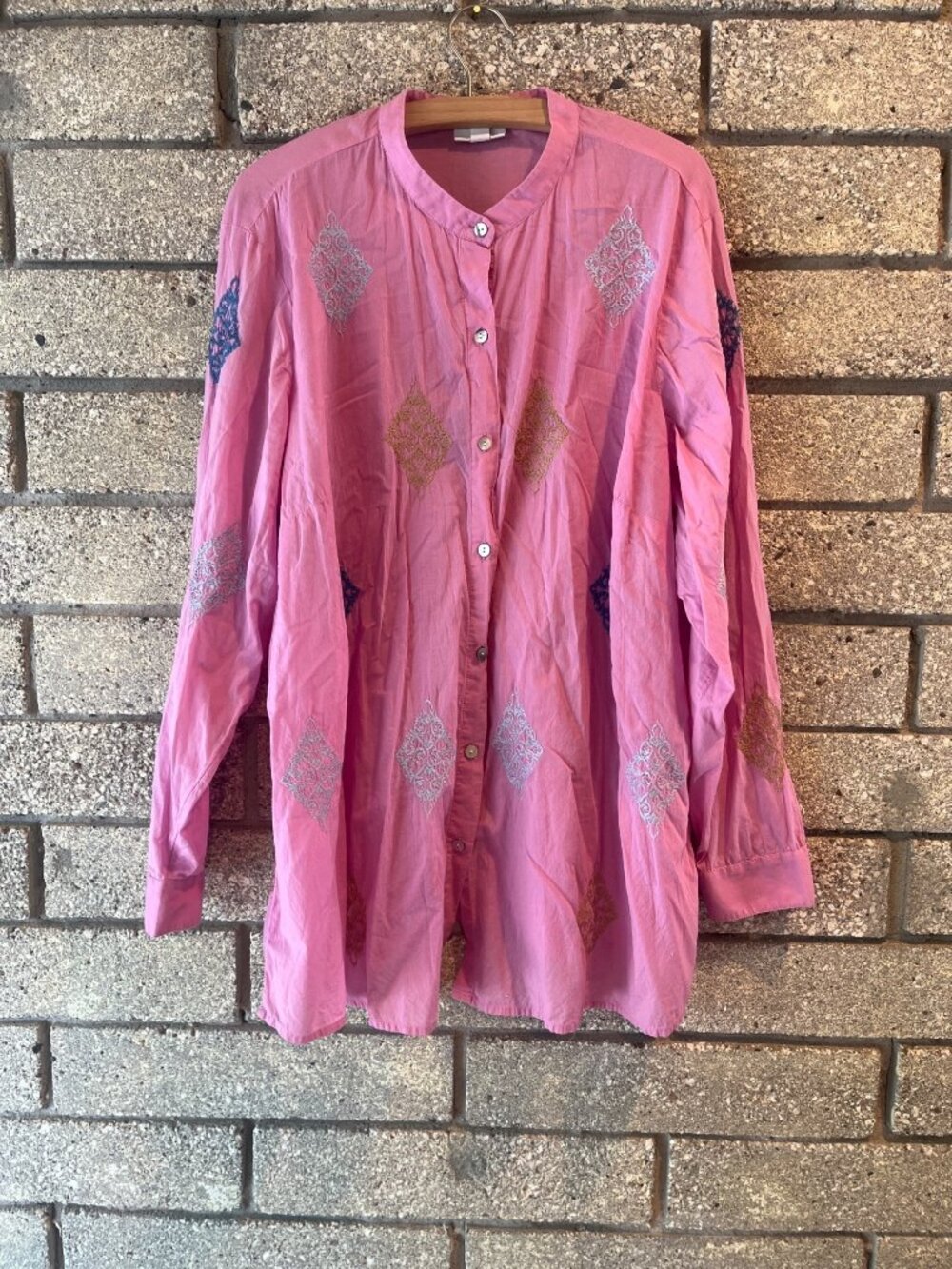 J. Jill Pink Embroidered Button-Up Tunic Blouse XL Cotton Top